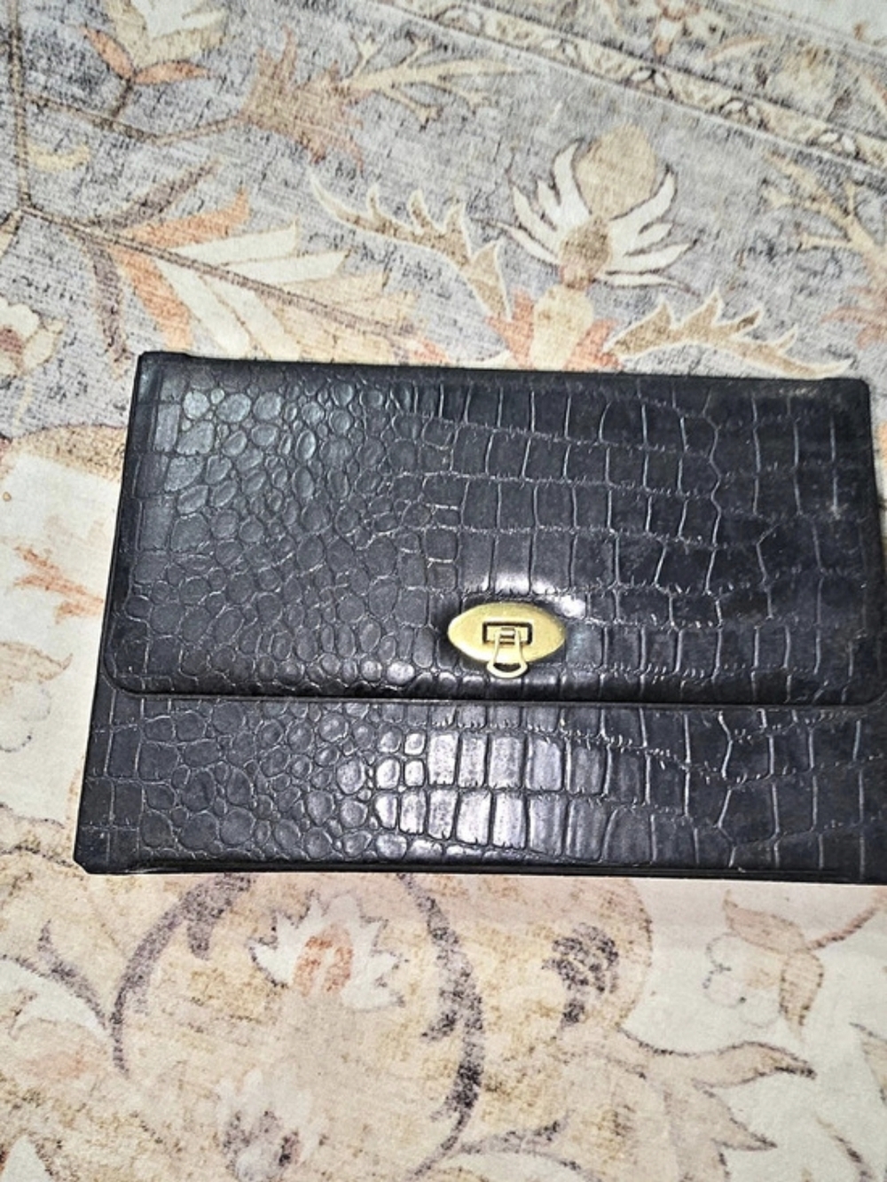 Vintage Vanity Mirror With Black Crocodile Embossed Case